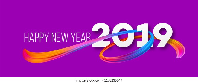Happy New Year 2019 banner design. Vivid acrylic brushstrokes on purple background. New Year greeting. Oil paint ribbon smear. Rainbow brush stroke texture. Postcard design element. Isolated vector