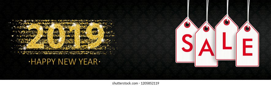 Happy New Year 2019 Banner With Price Stickers With The Text Sale.. Eps 10 Vector File.