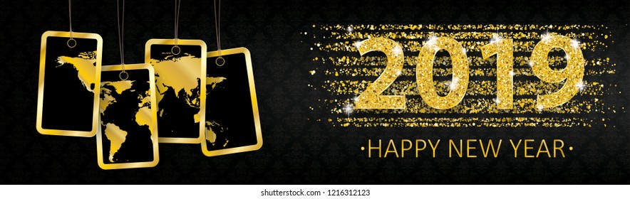 Happy new year 2019 banner with golden sand and price stickers with a world map. Eps 10 vector file.