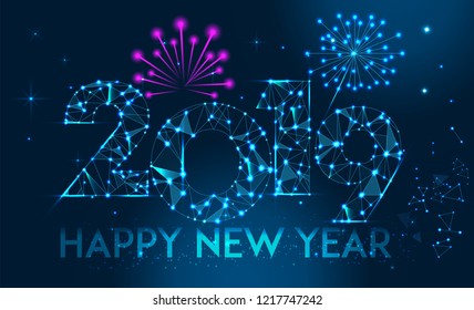 Happy new year 2019 banner design. Geometric polygonal 2019 new year greeting card. Vector fireworks / firecracker background. Low polygon.