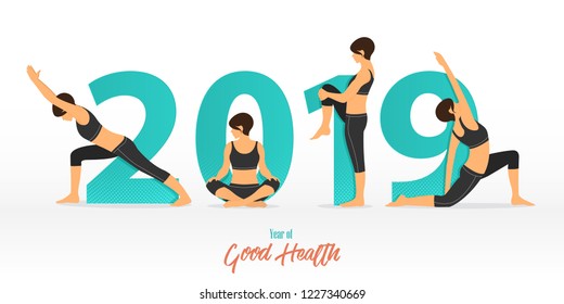 Feliz Ano Novo 2019 banner com poses de yoga. Ano de boa saúde. Modelo de design de banner para decoração de Ano Novo em Conceito de Yoga. Ilustração vetorial.