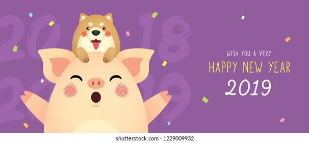 Happy New Year 2019 banner design. Good bye 2018. Cute cartoon pig and dog on purple background. Year of the pig vector illustration.