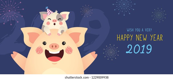 Happy New Year 2019 banner design. Cute cartoon pigs celebrate new year with fireworks. Year of the pig vector illustration.