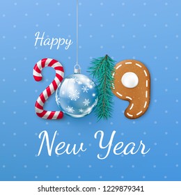 Happy New Year 2019 banner. Creative festive lettering. Candy and Christmas ball pine and gingerbread cookie. Vector illustration isolated on blue background