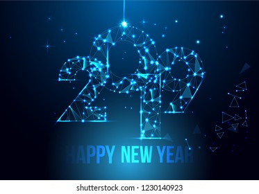 Happy new year 2019 banner design. Geometric polygonal 2019 new year greeting card. Polygonal wireframe mesh art, poly low