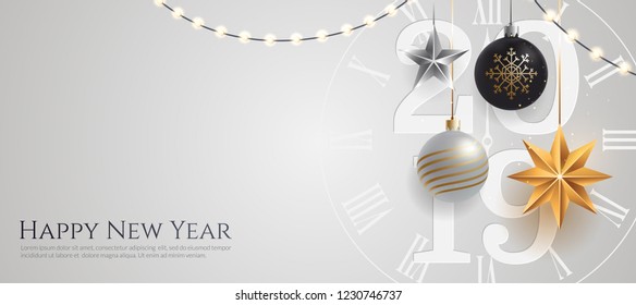 Happy new year 2019 banner template with copy space. Hanging Christmas toys and garlands with light bulbs on wihte background. Winter Holiday card concept. Vector eps 10.