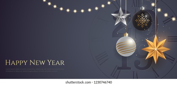 Happy new year 2019 banner template with copy space. Hanging Christmas toys and garlands with light bulbs on dark background. Winter Holiday card concept. Vector eps 10.