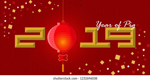 Happy New Year 2019 banner with paper confetti and Chinese lantern on red background. Banner design template for New Year decoration in Chinese New Year Concept. Year of Pig.  Vector illustration.