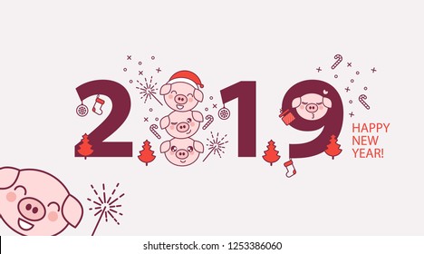 Happy New Year 2019 banner, poster or greeting card with cute piglets in cartoon style on white background. Kawaii style pigs. Symbol of Chinese Year Year of the pig. Vector illustration.