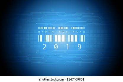 happy new year 2019 with barcode icon on abstract technology circuit board pattern and blue color background