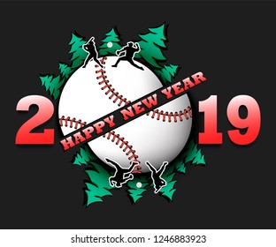 Happy new year 2019 and baseball ball with Christmas trees on an isolated background. Baseball player scores a goal. Design pattern for greeting card. Vector illustration