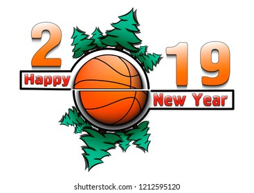 Happy new year 2019 and basketball with Christmas trees on an snowflakes background. Creative design pattern for greeting card, banner, poster, flyer, party invitation, calendar. Vector illustration