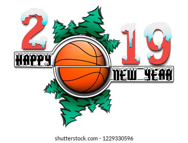 Happy new year 2019 and basketball ball with Christmas trees on an isolated background. Creative design pattern for greeting card, banner, poster, flyer,  invitation, calendar. Vector illustration