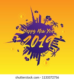happy new year 2019, beautiful greeting card background or banner with city and travel theme. vector
