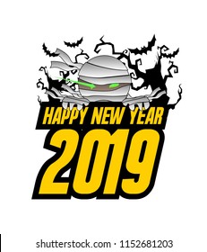 happy new year 2019, beautiful greeting card or label with mummy illustratition for halloween theme, vector background, poster or banner