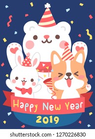 Happy New Year 2019! Best wishes to you.Cute Happy bunny bear corgi celebrations. Vector illustration.
