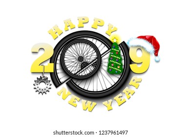 Happy new year 2019 and bicycle wheel with Christmas tree, hat and bicycle star. Creative design pattern for greeting card, banner, poster, flyer, party invitation, calendar. Vector illustration