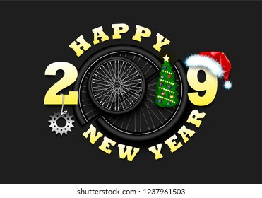 Happy new year 2019 and bicycle wheel with Christmas tree, hat and bicycle star. Creative design pattern for greeting card, banner, poster, flyer, party invitation, calendar. Vector illustration