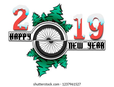 Happy new year 2019 and bicycle wheel with Christmas trees on an isolated background. Creative design pattern for greeting card, banner, poster, flyer, party invitation, calendar. Vector illustration