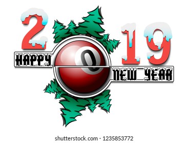 Happy new year 2019 and billiard ball with Christmas trees on an isolated background. Creative design pattern for greeting card, banner, poster, flyer,  invitation, calendar. Vector illustration