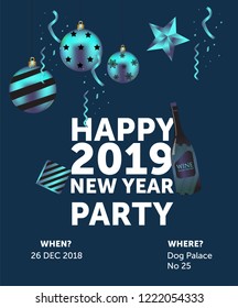 happy new year 2019 blue colors poster design with blue balls. brochure 2019