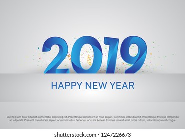 Happy New Year 2019 blue color number and confetti on white background for holiday greeting card, invitation, calendar poster, banner