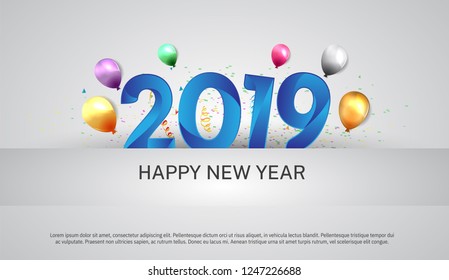 Happy New Year 2019 blue color with colorful balloons for holiday greeting card, invitation, calendar poster, banner