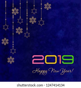 Happy New Year 2019! Blue background with snowflakes. Vector illustration.