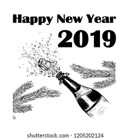 Happy New Year 2019! A bottle of champagne and a splash of champagne. illustration of a greeting card