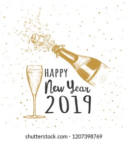 Happy New Year 2019. A bottle of champagne with a cork flying  and a glass of champagne. Splashes of champagne