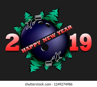 Happy new year 2019 and bowling ball with Christmas trees on an isolated background. The player produces a throw in the bowling pins. Design pattern for greeting card. Vector illustration