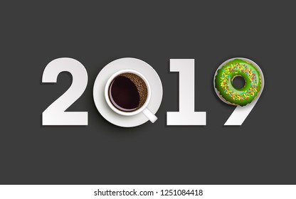 Happy New Year 2019 breakfast coffee & donuts background. Greeting card 2019 cup of coffee & donuts icing flyer. Coffee & donuts of date 2019 year view from above banner. Celebrate breakfast brochure