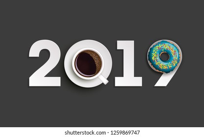 Happy New Year 2019 breakfast coffee & donuts background. Greeting card 2019 cup of coffee & donuts icing flyer. Coffee & donuts of date 2019 year view from above banner. Celebrate breakfast brochure