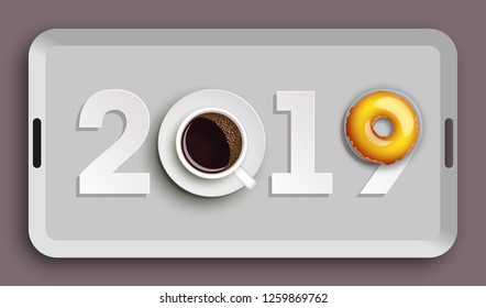 Happy New Year 2019 breakfast coffee & donuts background. Greeting card 2019 cup of coffee & donuts icing flyer. Coffee & donuts of date 2019 year view from above banner. Celebrate breakfast brochure