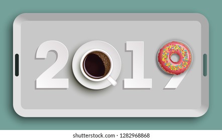 Happy New Year 2019 breakfast coffee & donuts background. Greeting card 2019 cup of coffee & donuts icing flyer. Coffee & donuts of date 2019 year view from above banner. Celebrate breakfast brochure