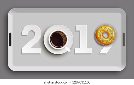 Happy New Year 2019 breakfast coffee & donuts background. Greeting card 2019 cup of coffee & donuts icing flyer. Coffee & donuts of date 2019 year view from above banner. Celebrate breakfast brochure