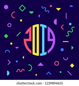 Happy New Year 2019. Bright Holiday poster or cover of calendar with geometric shapes and elements. Greeting card with inscription 2019. 