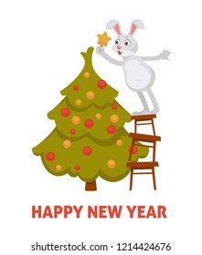 Happy New Year 2019, bunny decorating evergreen pine Christmas tree vector. Spruce decoration by hare, fluffy rabbit with star standing on ladder, reaching top of fir, baubles and toys design
