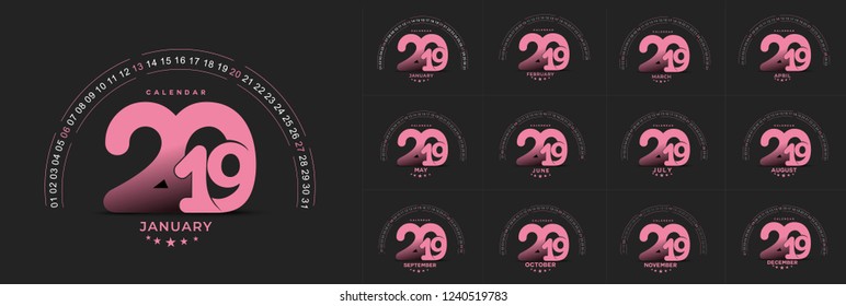 Happy new year 2019 Calendar - New Year Holiday design elements for holiday cards, calendar banner poster bundle for decorations, Vector Illustration Background.
