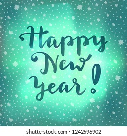 Happy New Year 2019 calligraphic greeting card on winter sky background with stars. Hand lettering, modern calligraphy. Merry Christmas design. Vector illustration