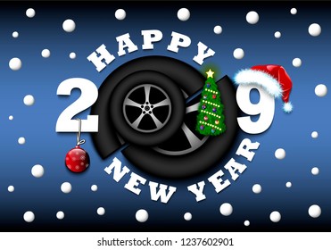 Happy new year 2019 and car wheel with Christmas tree, hat and ball. Creative design pattern for greeting card, banner, poster, flyer, party invitation, calendar. Vector illustration