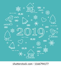 Happy New Year 2019 card. Christmas trees, birds, houses, gingerbread, bells, stars, hearts, snowflakes.