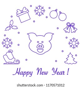 Happy New Year 2019 card. Christmas tree, pig, sled, bag, mistletoe, gift box, balls, bells, snowflakes. Pig is a symbol of the 2019 Chinese New Year.
