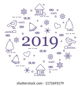 Happy New Year 2019 card. Christmas trees, birds, houses, gingerbread, bells, stars, hearts, snowflakes.
