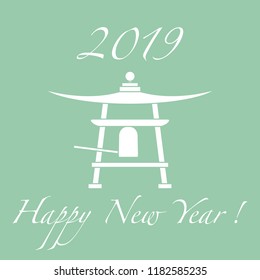 Happy New Year 2019 card. New Year symbol in Japan. Bell. Festive traditions of different countries.