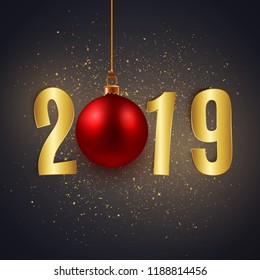 Happy New Year 2019 card with gold paper letters and Christmas bauble, vector illustration
