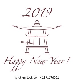 Happy New Year 2019 card. New Year symbol in Japan. Bell. Festive traditions of different countries.