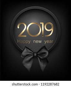 Happy New Year 2019 card with black satin bow. Vector background.