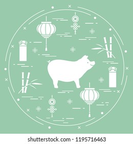 Happy New Year 2019 card. Chinese New Year symbols. Pig, lantern, chinese red envelopes of money, bamboo, coin for luck. Festive traditions of different countries.
