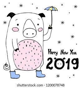 Happy new year 2019 card. Merry Christmas! Cute pig 2019 year symbol